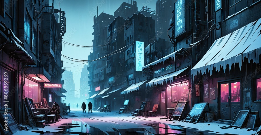 Gothic cyberpunk dystopian sci-fi urban city district in winter ...