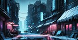Gothic cyberpunk dystopian sci-fi urban city district in winter. Abandoned building exterior. Futuristic goth castle buildings covered in snow.