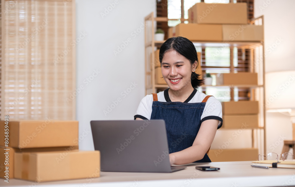 Young woman, small business owner selling products online, accepting online product orders via laptop, sits in a room with boxes of products. Young woman, small business owner selling products online, accepting online product orders via laptop, sits in a room with boxes of products.