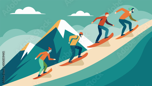 Skilled mountain boarders zigzagging effortlessly down the mountain their speed and agility unmatched.. Vector illustration