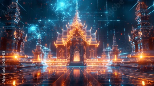 Futuristic Holographic Thai Temple - Glowing Digital Sanctuary of Algorithmic Grandeur