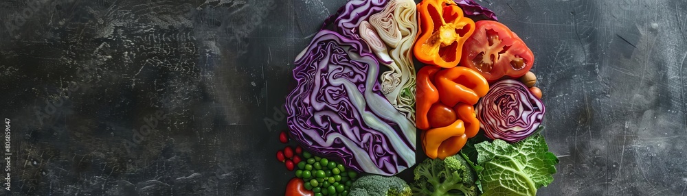 Obraz premium A top view of a crafted vegetable brain, with each hemisphere made from different colored veggies like purple cabbage and green peas, symbolizing cognitive wellness