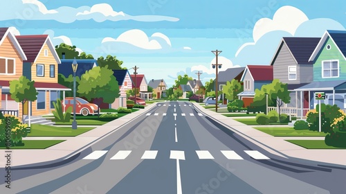 Illustration of a suburban or small-town street scene with intersections and residential homes, depicted in a flat style. This area is marketed for property and real estate sales in the city