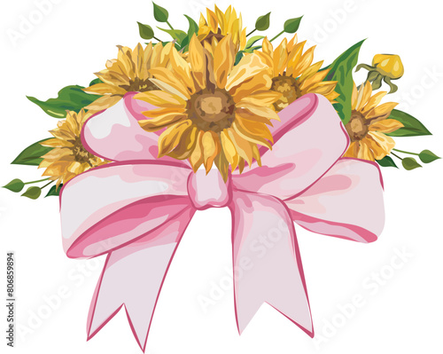 Beautiful sunflower with pink bow on transparent background.
