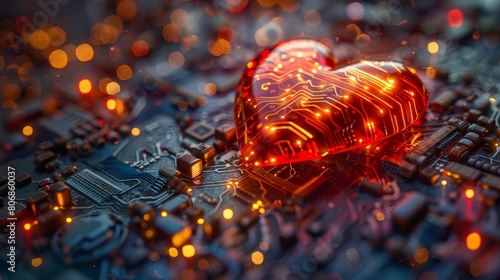 A striking 3D illustration of a heartshaped central processing unit, intricately designed with circuits and glowing data paths, symbolizing the CPU of love © Sodapeaw