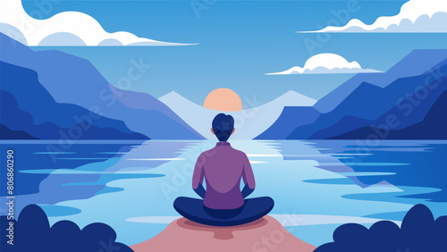 A person sits at the edge of a tranquil lake their mind focused on their breath and the sound of gentle waves lapping against the shore.. Vector illustration