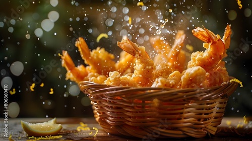 Crispy Shrimp Tempura Bursting from Woven Basket with Dipping Sauce and Lemon Zest on Olive Backdrop