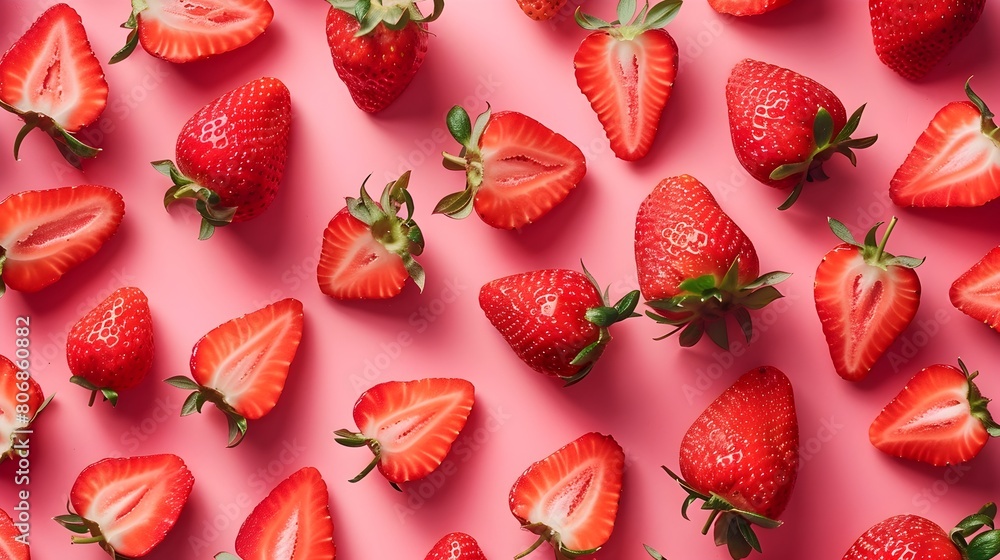 Vibrant Strawberry Slices Forming a Delightful Pattern on a Bright,Saturated Pink Background Vibrant Strawberry Slices Forming a Delightful Pattern on a Bright,Saturated Pink Background