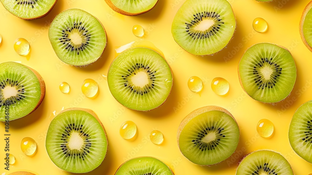 Fototapeta premium Vibrant Kiwi Slices in Geometric Pattern on Bright Background for Magazine Cover