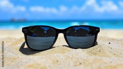  A pair of sunglasses atop a sandy beach, beside a body of water and a blue sky background