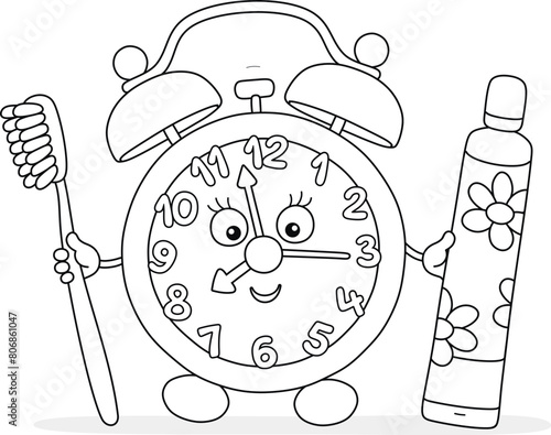 Funny colorful alarm clock character friendly smiling and holding a toothbrush and toothpaste for teeth cleaning, black and white outline vector cartoon illustration for a coloring book