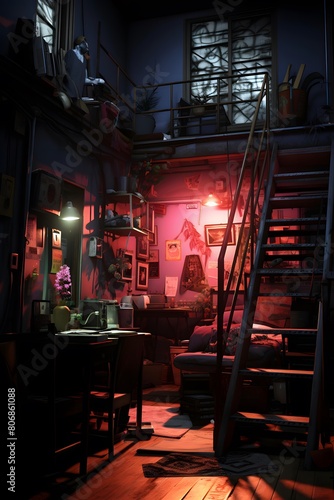 Interior of an old house in the dark with red lights.