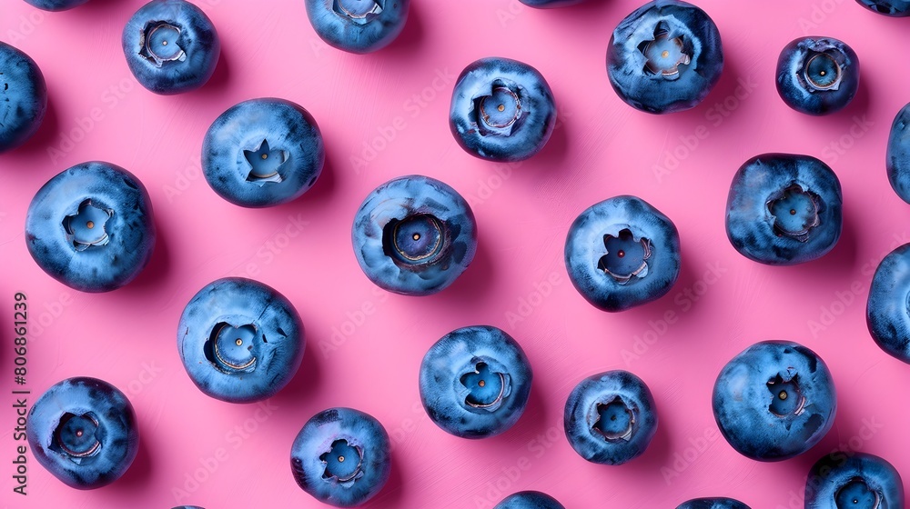 Blueberry Slices and Whole Berries in Vibrant Geometric Pattern on Bright Pink Background Blueberry Slices and Whole Berries in Vibrant Geometric Pattern on Bright Pink Background