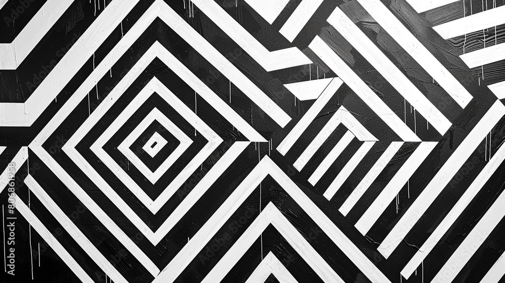 A geometric print in monochromatic shades of black and white with bold lines and geometric shapes that create a striking and graphic pattern perfect for adding a contemporary edge