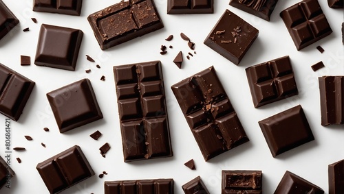 Pieces of dark chocolate falling close up on a white background