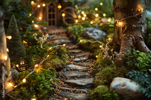 A miniature forest path using twigs, moss, and miniature trees. Line the path with fairy lights to create a magical, enchanted forest scene.