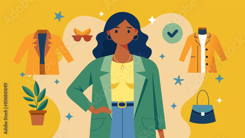 An influencer showcasing her creative thrifted outfits for different occasions proving that sustainable fashion can be chic and versatile.. Vector illustration