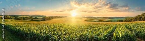A panoramic shot of a large farm showing diverse crop fields including corn, soybeans, and barley, emphasizing scale and variety in agriculture