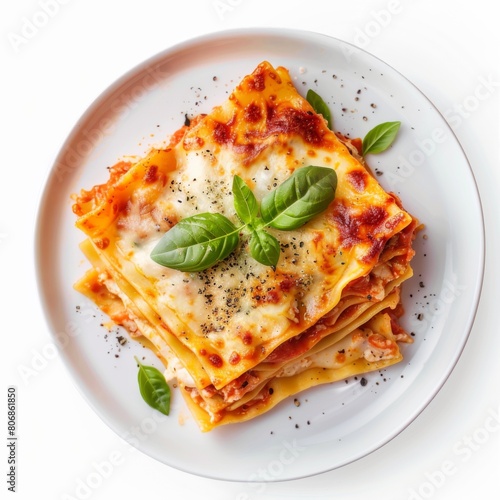 portion of lasagne topped with cheese, basil, ground beef, mushrooms, zucchini and tomato sauce on a white plate on a white table, horizontal top view, flat lay, on a white background, close-up