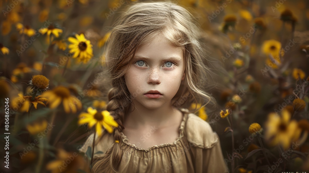 A sad little girl gazes at the camera amidst sunflowers A sad little girl gazes at the camera amidst sunflowers