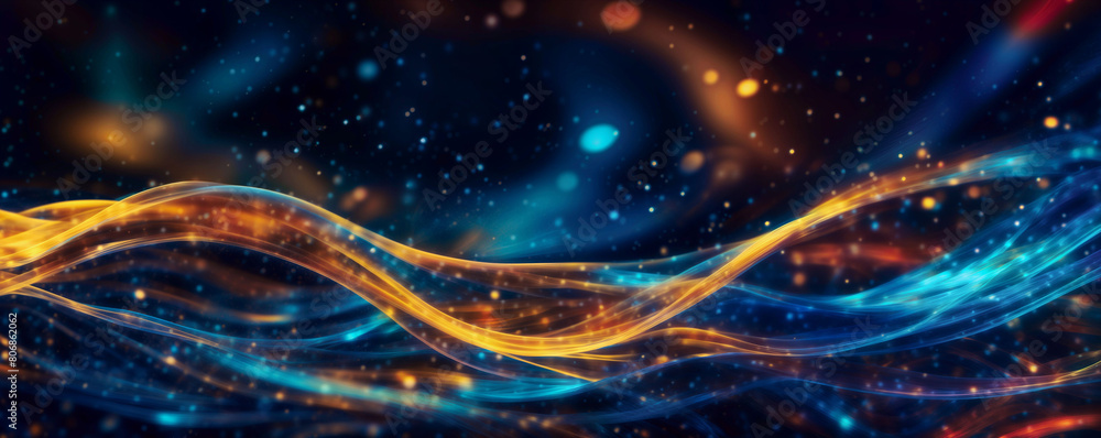 Fototapeta premium The image features a wavy abstract background with colorful lines and golden lights - Generative AI