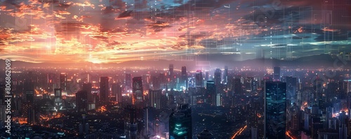 A panoramic shot of a city skyline with visible digital grids and network connections superimposed on the buildings  portraying the seamless integration of technology and city life