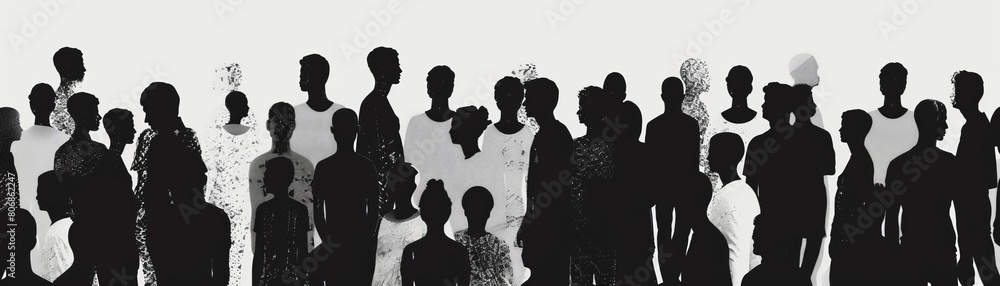 A minimalist black and white illustration showing a dense array of silhouettes, each figure distinct yet part of a larger pattern of human shapes, symbolizing societys complexity