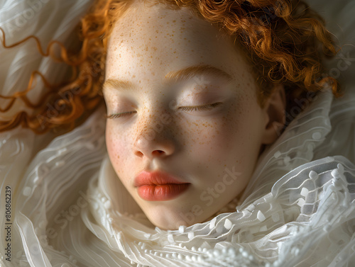 A serene image of a young redhead girl with freckles sleeping peacefully, bathed in soft light,