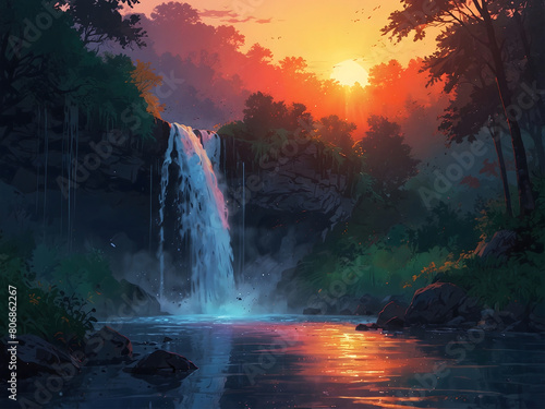 Waterfall cascades down lush greenery, bathed in the vibrant colors of a sunset