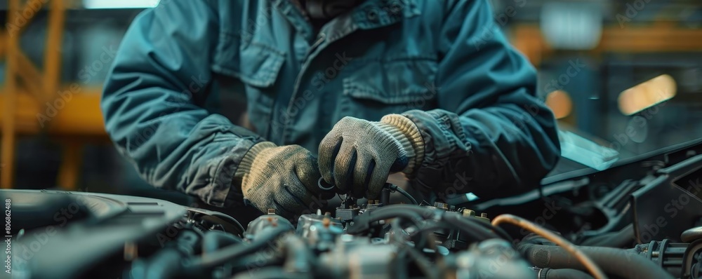 A mechanic in coveralls and gloves fitting a new part into the engine of a car, with the focus on his hands and the part, conveying skill and precision in auto repair A mechanic in coveralls and gloves fitting a new part into the engine of a car, with the focus on his hands and the part, conveying skill and precision in auto repair