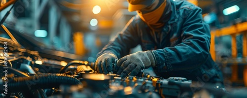 A mechanic in coveralls and gloves fitting a new part into the engine of a car, with the focus on his hands and the part, conveying skill and precision in auto repair photo