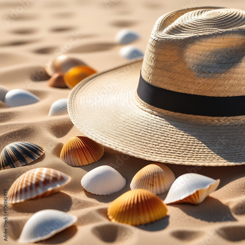 a straw hat and glasses lie on the sand against the backdrop of the sea and shells