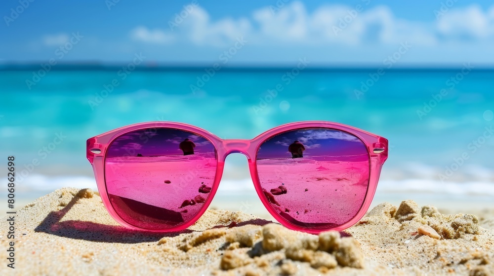 A pink pair of sunglasses rests on a sandy beach, near a tranquil body of water and a blue sky A pink pair of sunglasses rests on a sandy beach, near a tranquil body of water and a blue sky