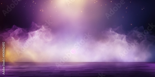 Violet smoke empty scene background with spotlights mist fog with gold glitter sparkle stage studio interior texture for display products blank 