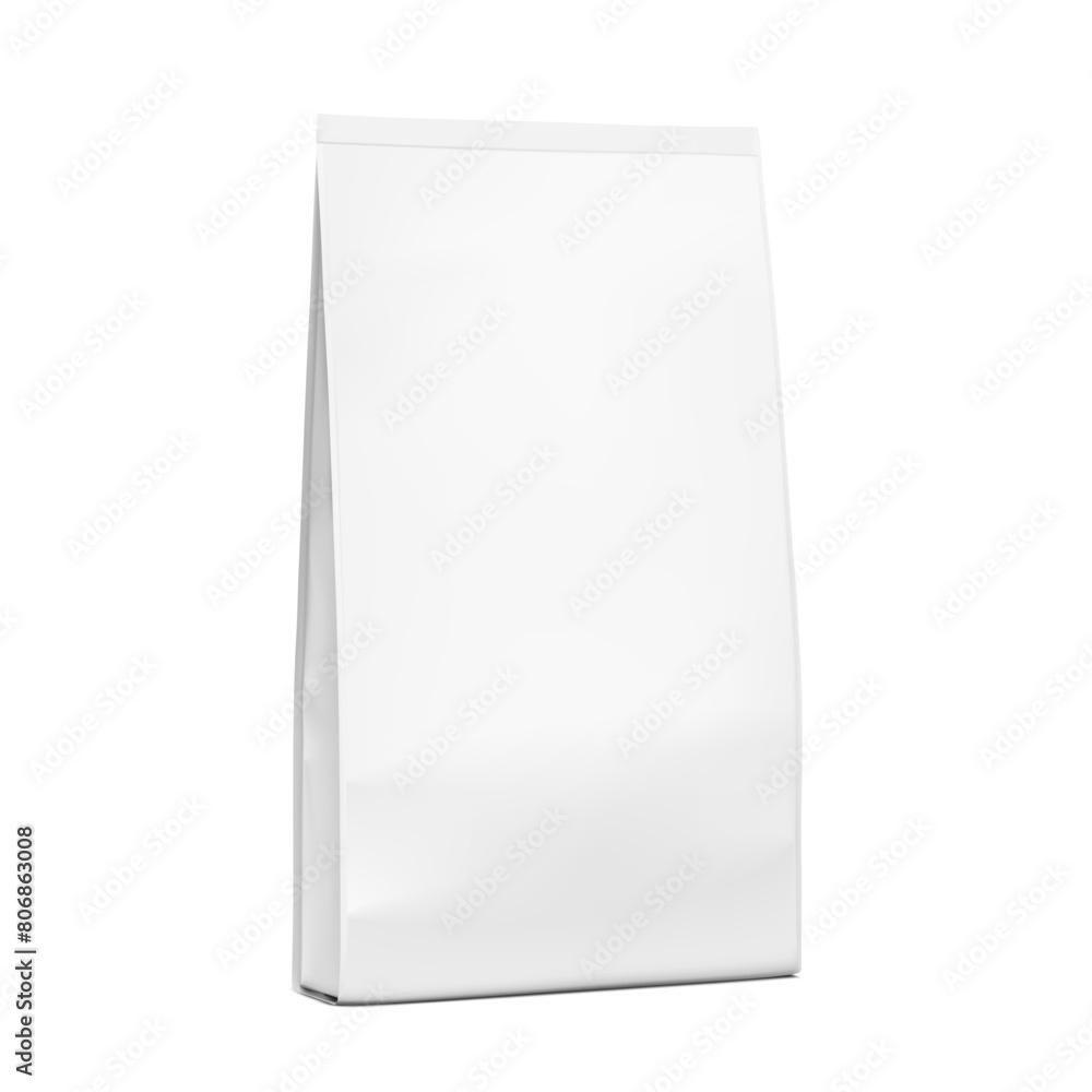 Vertical bag mockup. Flat bottom gusset bag. Half side view. High realistic. Vector illustration isolated on white background. Ready for use in presentation, promo, advertising and more. EPS10. Vertical bag mockup. Flat bottom gusset bag. Half side view. High realistic. Vector illustration isolated on white background. Ready for use in presentation, promo, advertising and more. EPS10.
