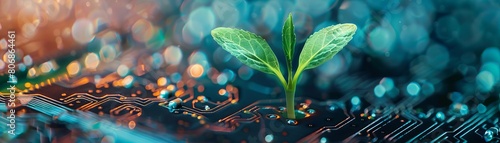 A fresh sprout rising from a complex computer chip, captured under soft lighting to focus on the theme of technological growth and green energy photo