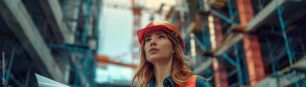 A female engineer surveying a large construction site, her stance confident as she examines the ongoing work, with a blueprint in her hand against the backdrop of an emerging building structure A female engineer surveying a large construction site, her stance confident as she examines the ongoing work, with a blueprint in her hand against the backdrop of an emerging building structure