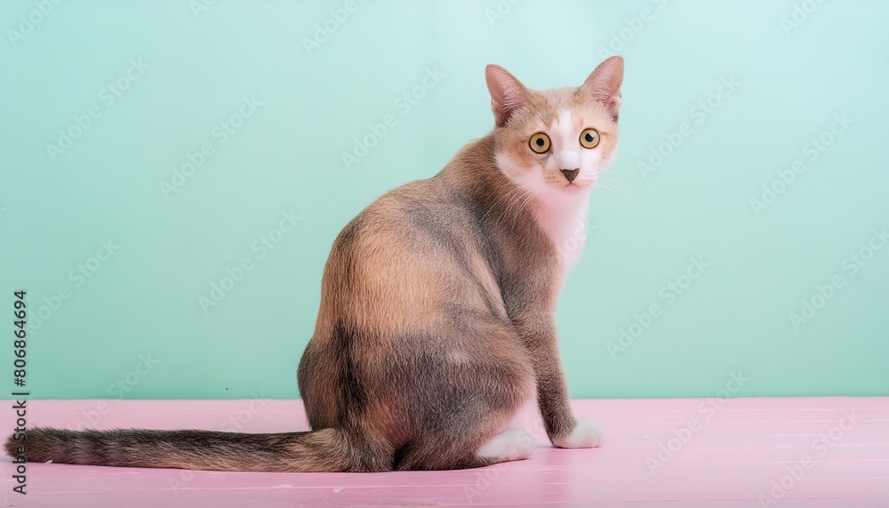 Naklejka premium A tri-colored tabby cat sits and looks calmly. light green background