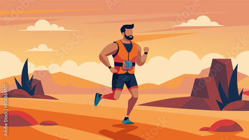 A lone contestant carrying a weighted vest on a long punishing run through a desert landscape during the Summer CrossFit Games.. Vector illustration