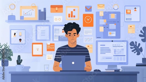 A dynamic workspace scene where a developer uses a laptop to connect with remote team members, sharing updates on crossplatform app development through a virtual meeting platform