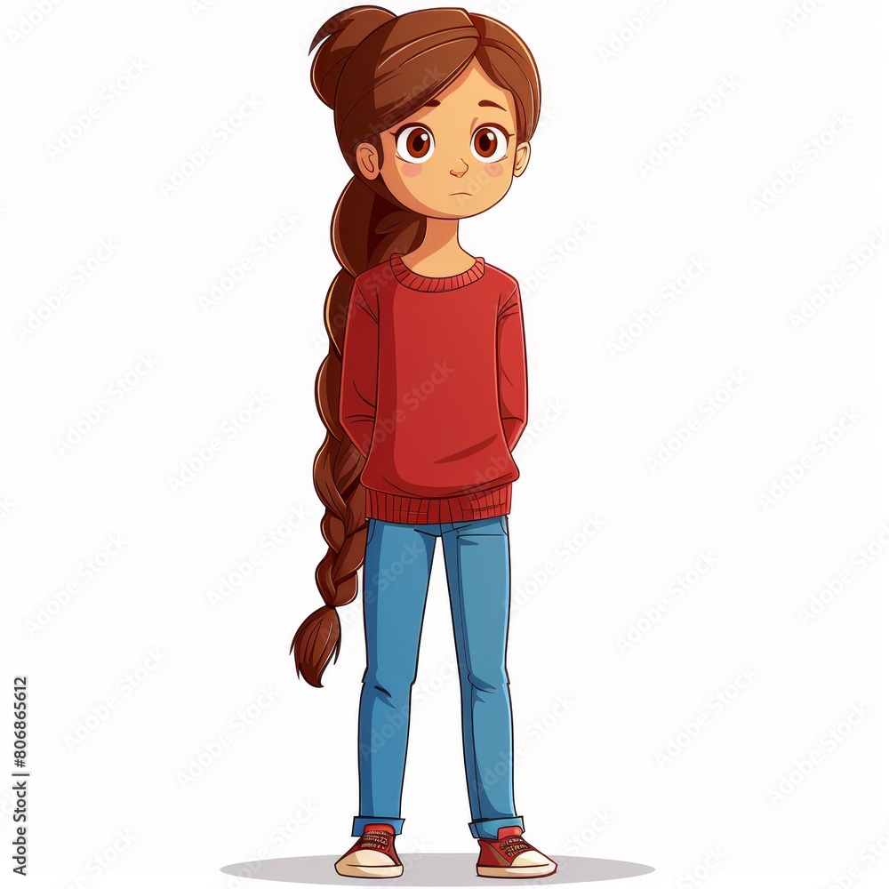 A girl in a red sweater and blue jeans stands with her long hair in a ponytail A girl in a red sweater and blue jeans stands with her long hair in a ponytail