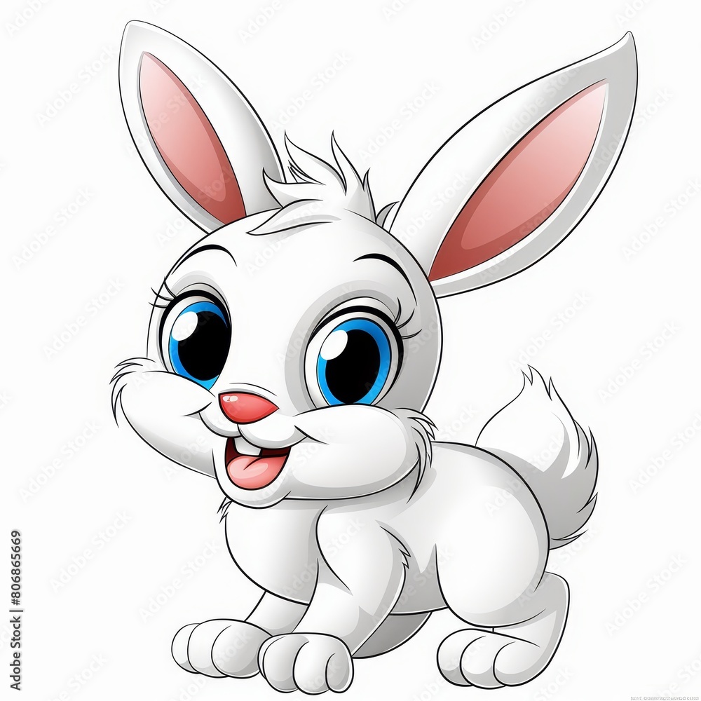 A white rabbit with blue eyes and a pink nose sits on the ground, tongued out in playful anticipation, gazing directly into the camera A white rabbit with blue eyes and a pink nose sits on the ground, tongued out in playful anticipation, gazing directly into the camera