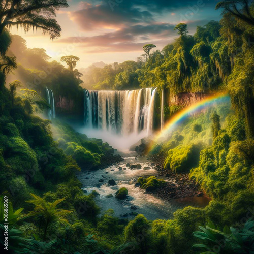 A heavy waterfall in the middle of green nature with rain falling and the appearance of a rainbow