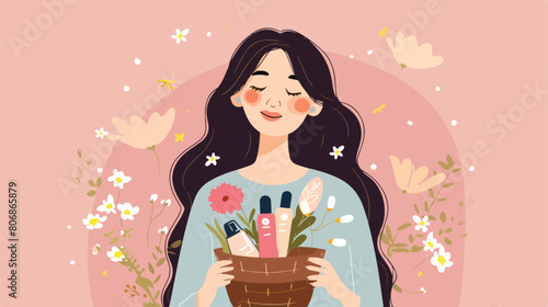 Young woman holding basket with makeup products flower