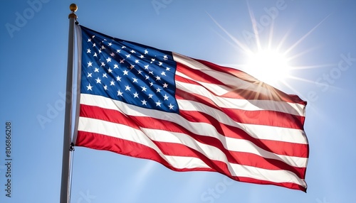 A large American flag waving in the wind against a bright blue sky with a sun flare in the background