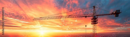 A detailed view of a construction crane against a dramatic sunset background, symbolizing growth and development as the day ends
