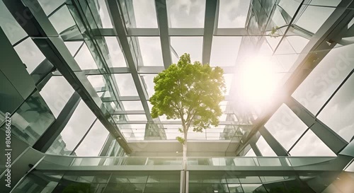 Eco-friendly building in the modern city Sustainable glass office building with tree for reducing carbon dioxide Office building with green environment Corporate building reduce CO2 photo