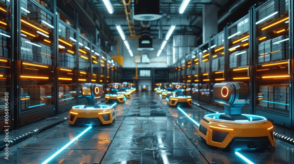 A detailed look inside a futuristic warehouse where smart robots assist in stocking shelves with precision, set against a backdrop of digital inventory screens