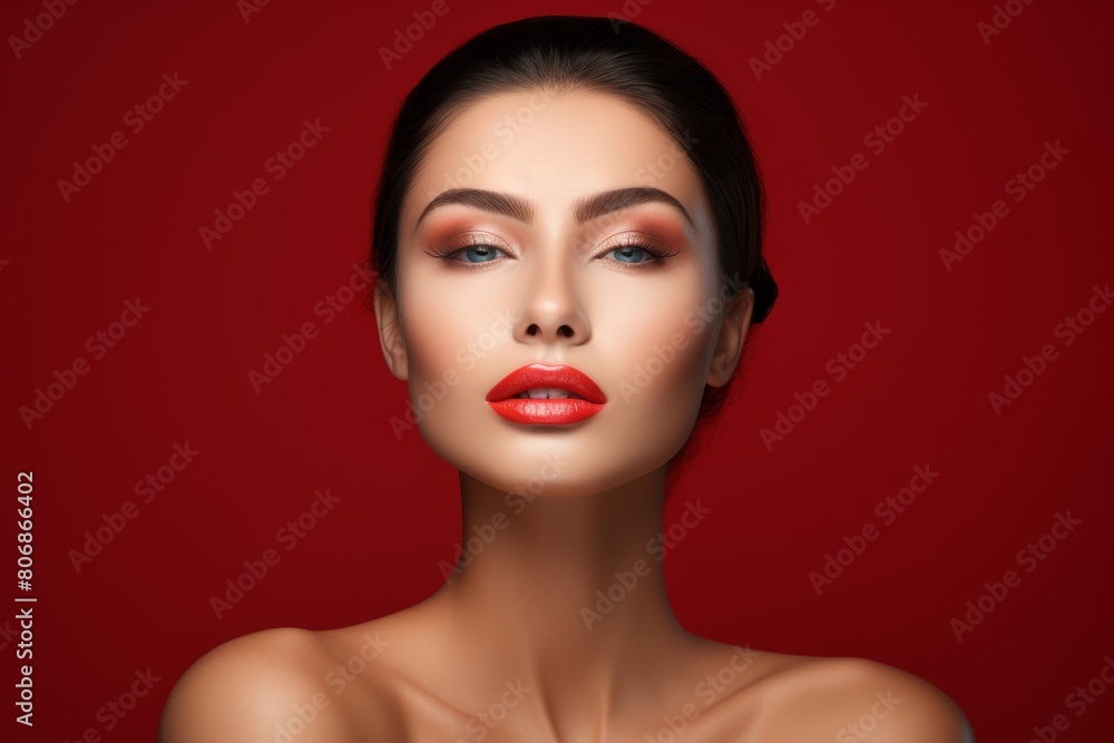 A gorgeous European model woman is posing in front of a monochromatic background with a full set of perfect make-up. Generative AI. A gorgeous European model woman is posing in front of a monochromatic background with a full set of perfect make-up. Generative AI.