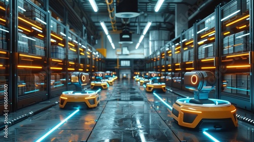 A detailed look inside a futuristic warehouse where smart robots assist in stocking shelves with precision, set against a backdrop of digital inventory screens © Sodapeaw